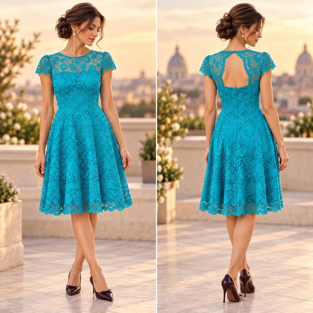 NWT Kensie Teal Lace Dress Open Back Fit Flare Modern Romantic Cocktail Wedding